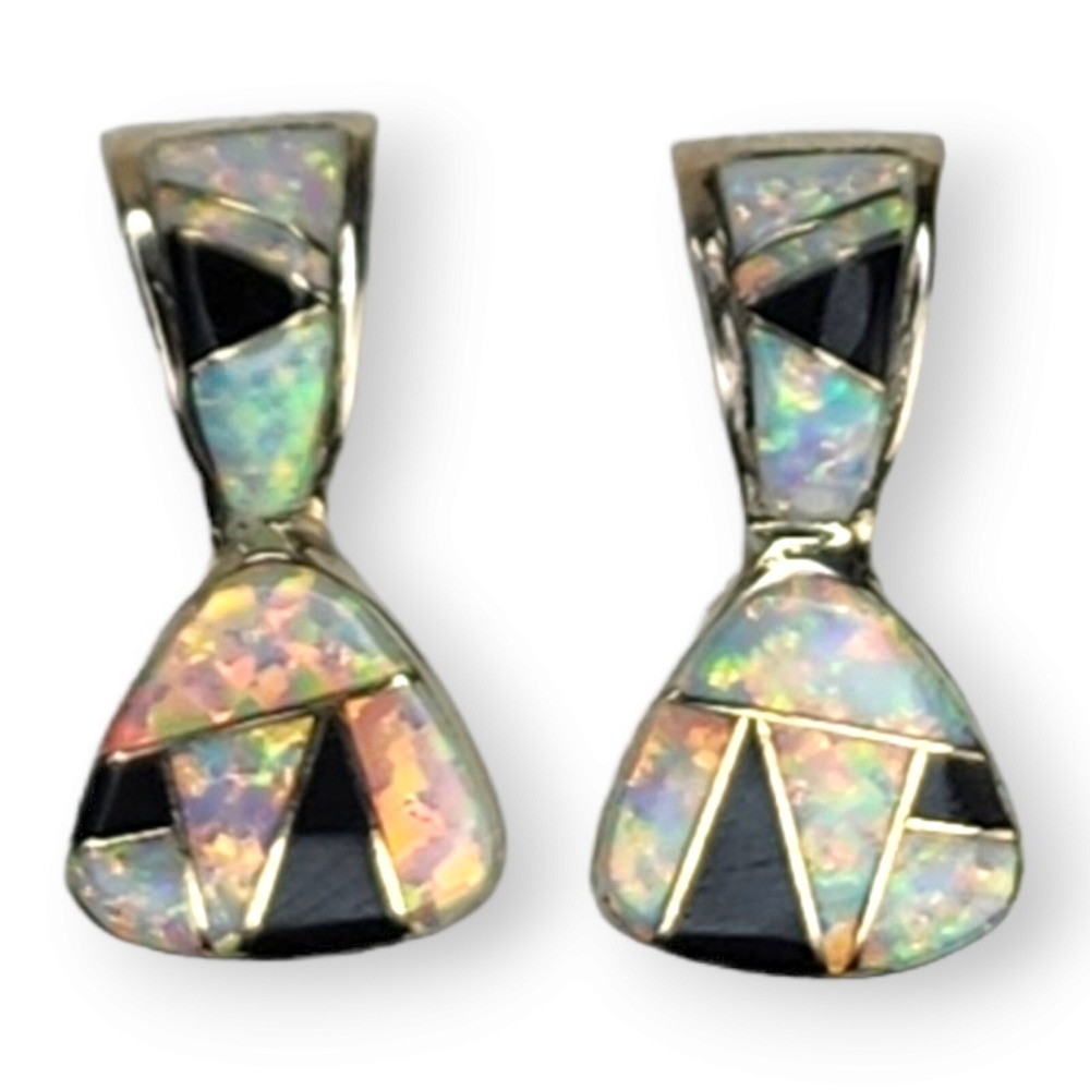 Southwestern Channel Inlay Faux Opal and Black Onyx Post Earrings Signed AL - Picture 4 of 7